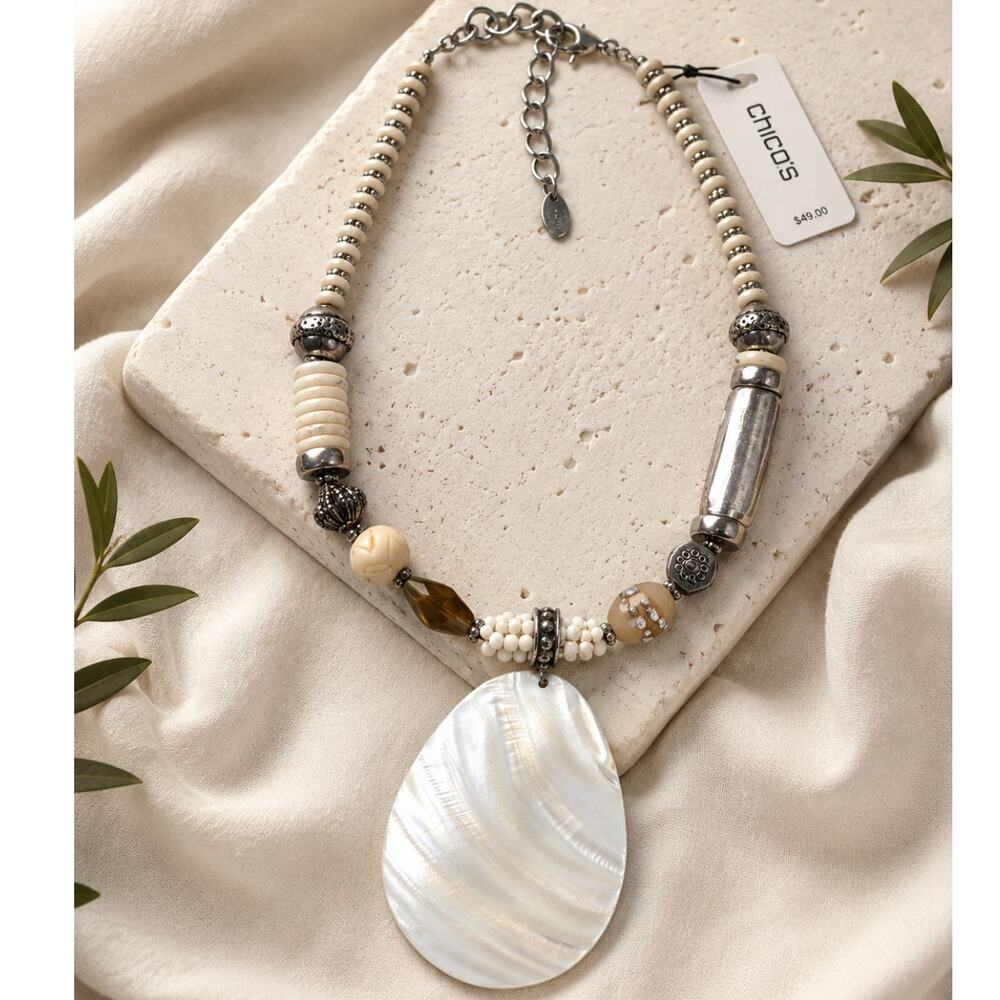 Chico's Shaylee Shell Pendant Necklace Silver Ivory Coastal Grandma Boho NWT
